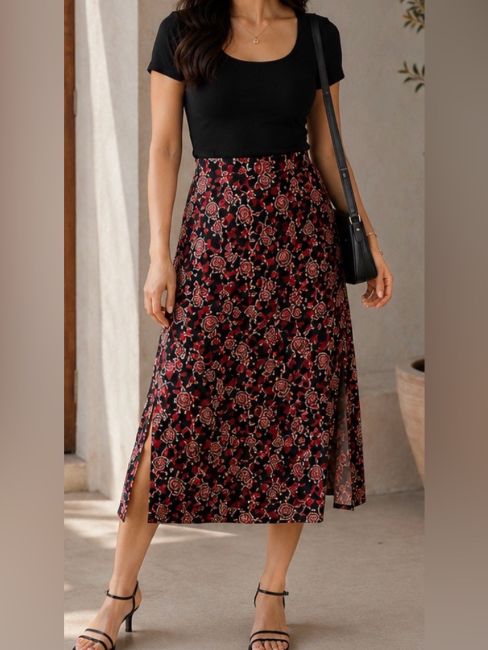 Studio M Floral Midi Skirt Size L | Side Slits Flowy 100% Polyester Rose Print